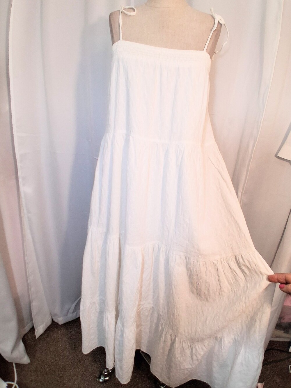 Express Maxi Dress, White Cotton, Eladtic Bust Line, Spaghetti straps, Tiered, M